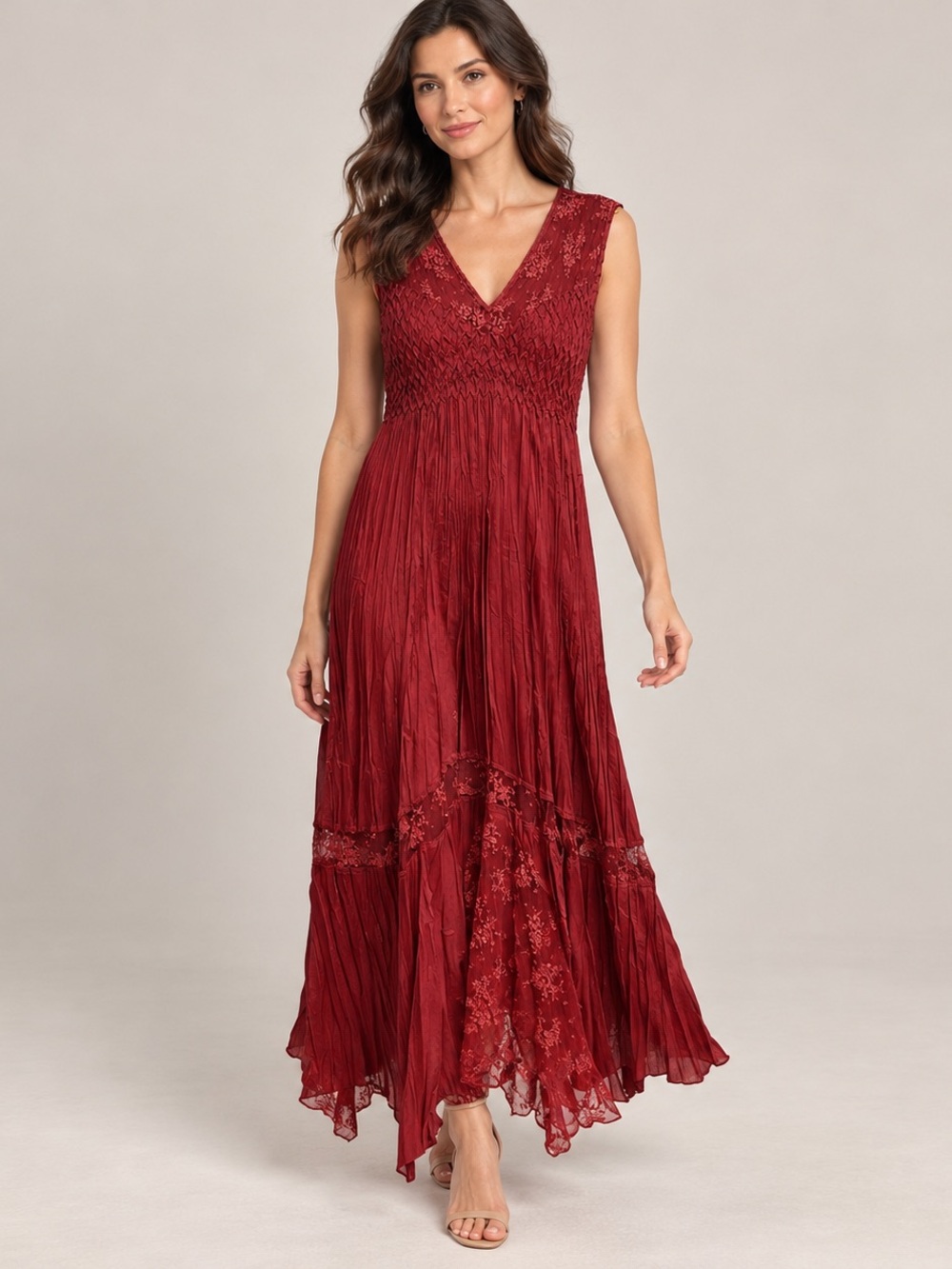 Komarov XL Red Crinkle Pleated Lace Maxi Dress Made in USA